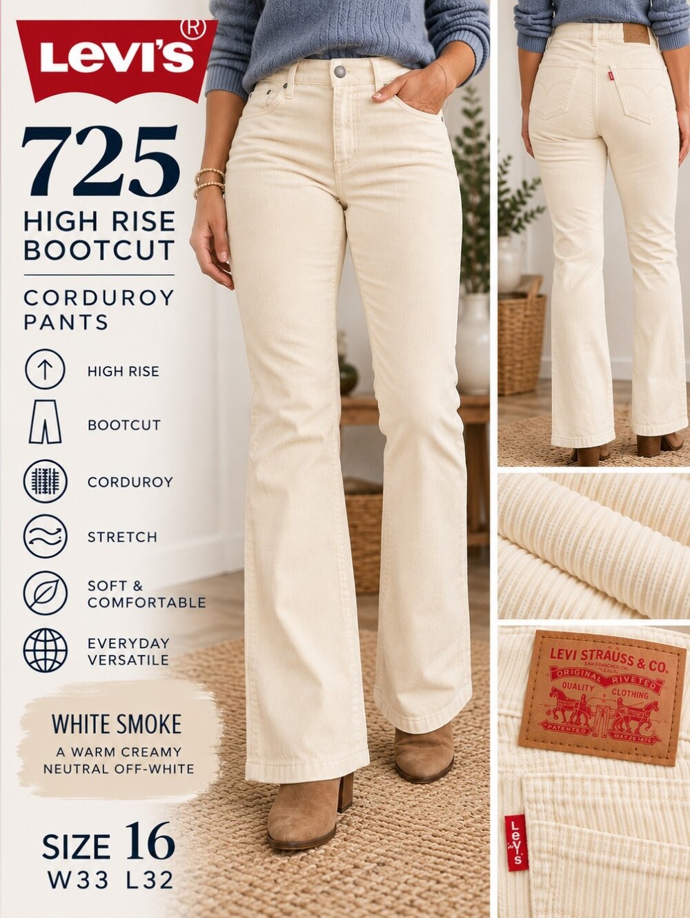 NWT Levi’s 725 High Rise Bootcut Corduroy Pants White Smoke 16